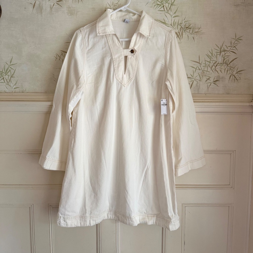 NWT Old Navy Tunic Dress Ivory Cotton Denim Twill Long Sleeve Split Neck Medium